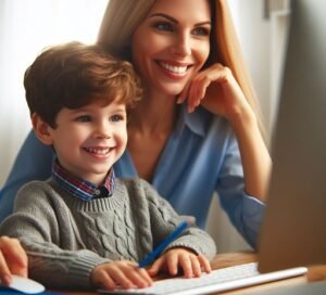 A mother is doing digital literacy to her son